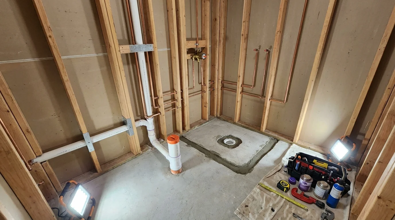 Bathroom rough-in plumbing during remodel by Johns Plumbing LLC in Fort Gaines