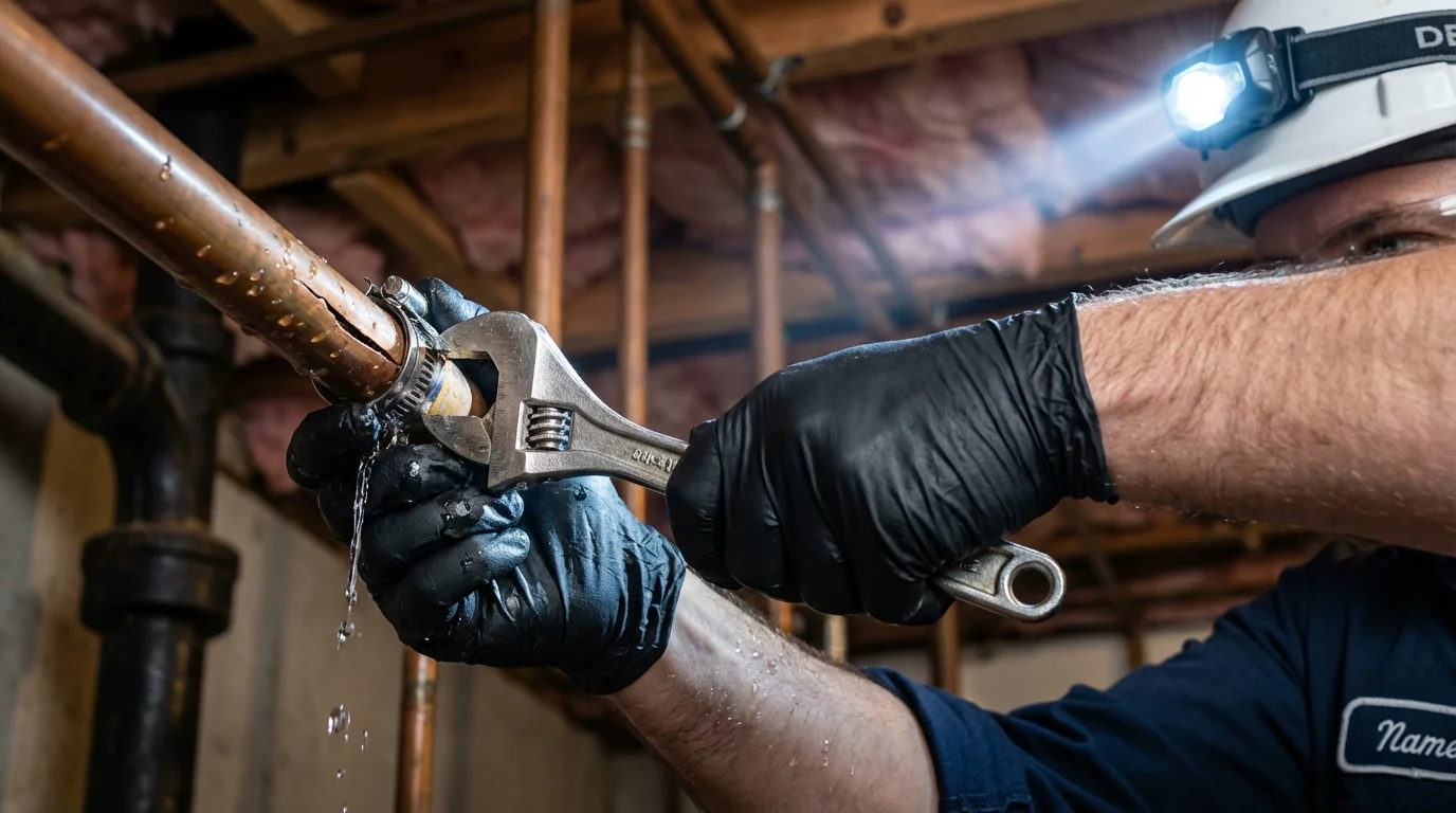Emergency pipe clamp repair being performed by a Johns Plumbing LLC plumber in Fort Gaines