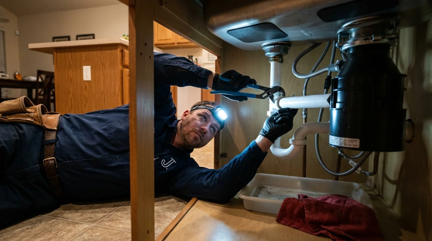 P-trap and supply line connections under a kitchen sink showing a common leak point in Fort Gaines, GA